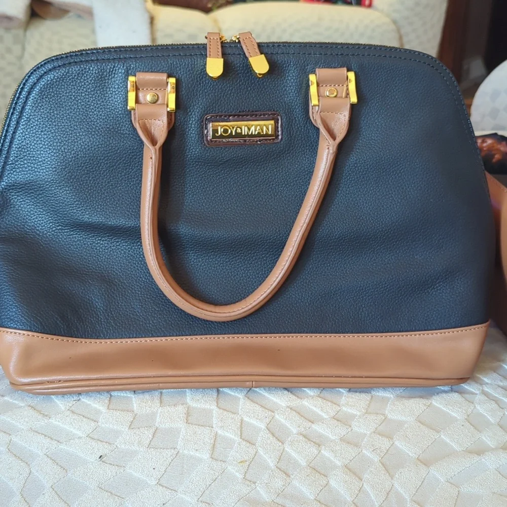 Joy & Iman Leather Black & Tan Satchel. Gently Used.Multiple Organizing Features